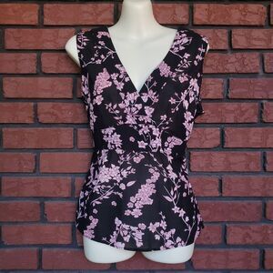 Vintage Old Navy Floral Top Size L Babydoll Y2K Black Pink Faux Wrap Tie Back